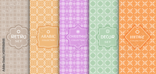 Set of seamless line patterns, colored background. Stylish decorative vintage, retro, arabic, christmas label decor set. Abstract geometric frame, vector illustration. Art Deco style, light colors