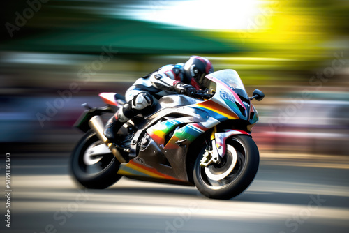 Motorcycle race with blurred motion and bright colors created with AI © thejokercze