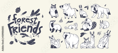 Cute forest animals  outlined set. Contoured wild wood beasts  childish characters. Black and white fox  owl  boar  wolf  lynx  deer  beaver and hare. Kids fauna. Isolated flat vector illustrations