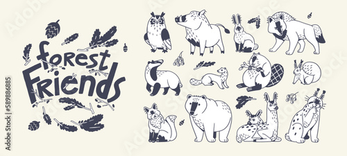 Cute forest animals, outlined set. Contoured wild wood beasts, childish characters. Black and white fox, owl, boar, wolf, lynx, deer, beaver and hare. Kids fauna. Isolated flat vector illustrations