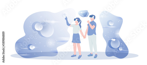Virtual Reality. Communication in the network. Man and woman wearing VR headsets look into the cyberspace. Vector illustration with character situation for web.