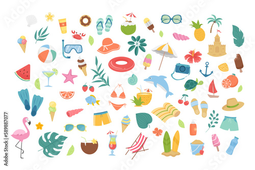Hello summer. Summer set graphic elements in flat design. Bundle of swimsuit, hat, sun lounger, flamingo, dolphin, cocktails, palm leaves, shells and other. Vector illustration stickers. 