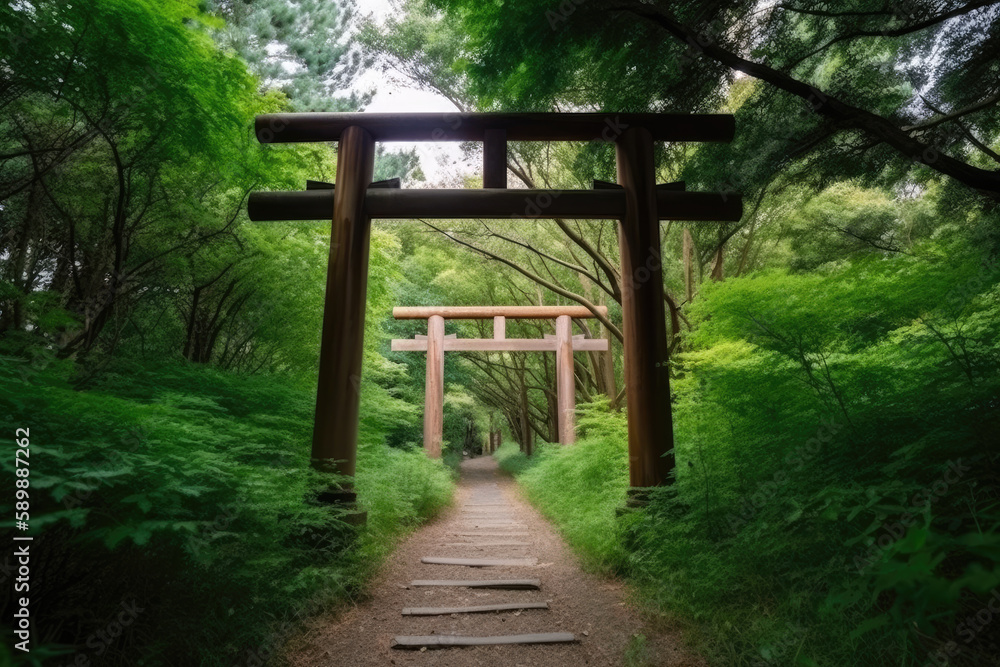 Wooden arche of Torii at green forest and straight pathway forward Wooden arche of Torii at green forest and straight pathway forward