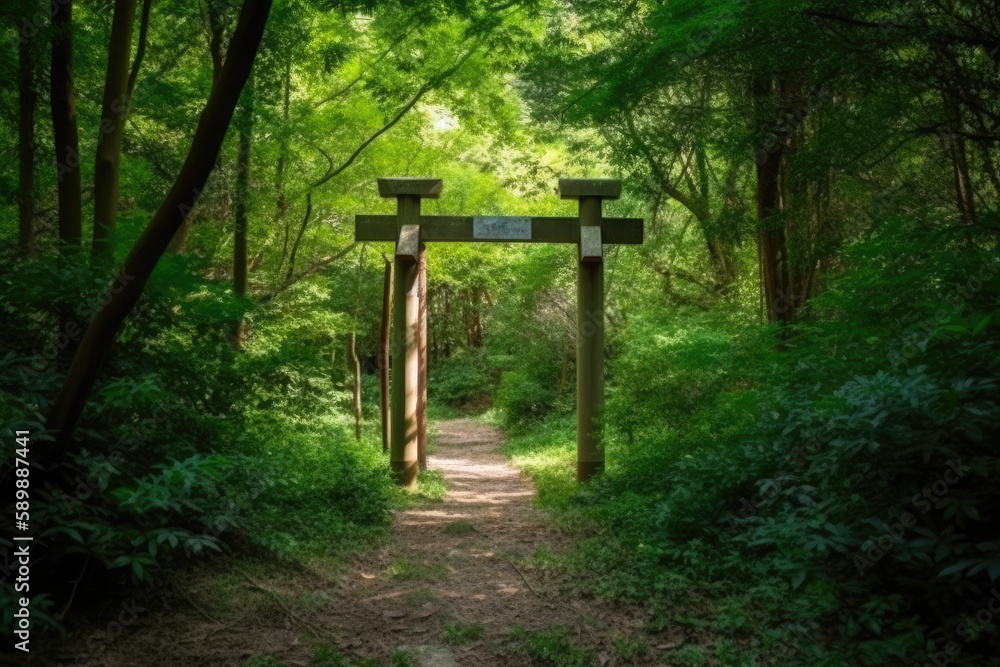 Wooden arche of Torii at green forest and straight pathway forward Wooden arche of Torii at green forest and straight pathway forward