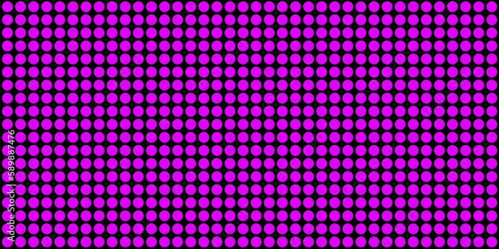 Black background with violet circles. Polka dot pattern. Geometric circles background. Black perforated sheet. Mesh texture pattern with round holes. Industrial technology. Optical illusions.