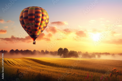 Hot air balloon over a beautiful landscape during sunrise created with AI