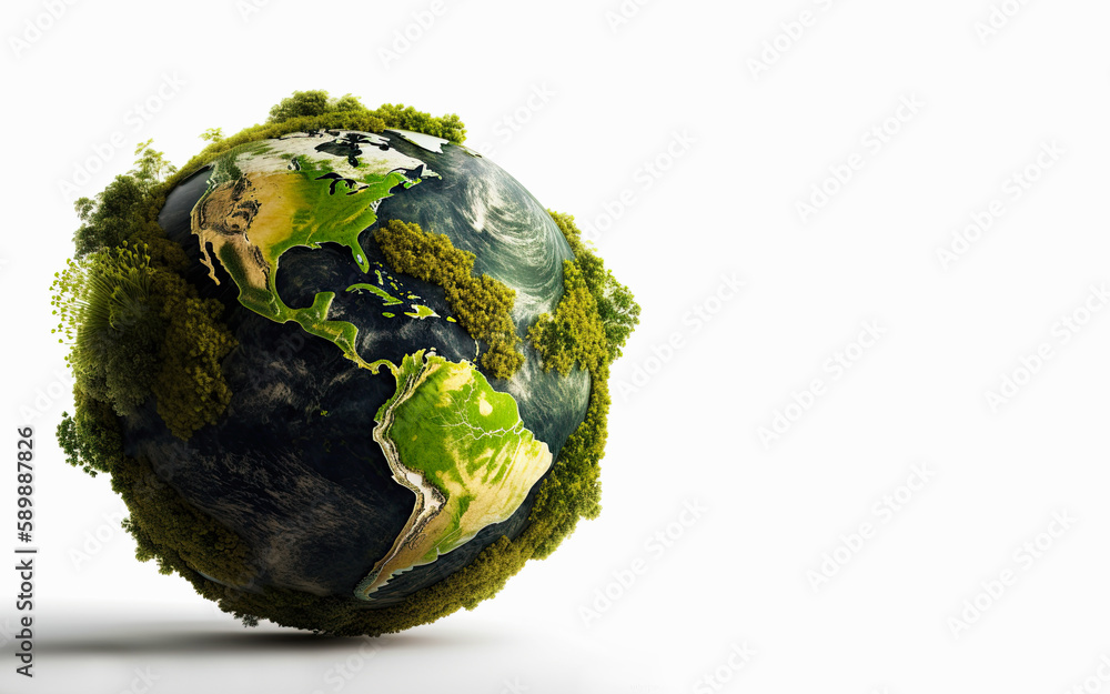 Green planet earth covered in plants and trees with empty white space ...
