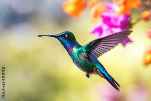 Hummingbird at flight with colorful iridescent plumage and blurred blossoms on background