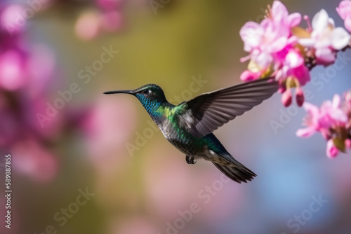 Hummingbird at flight with colorful iridescent plumage and blurred blossoms on background