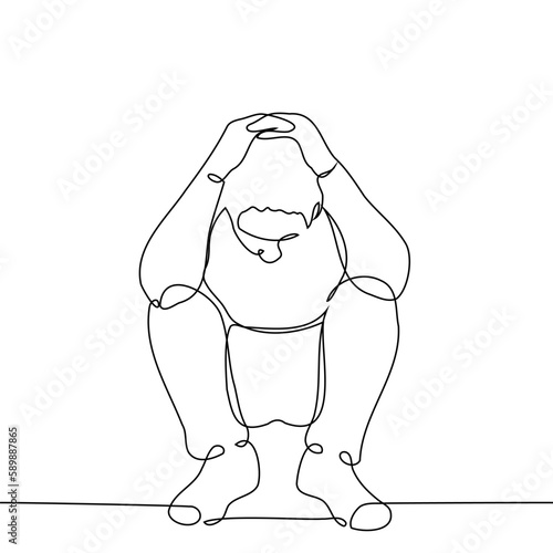 man squats clutching his head - one line drawing vector. concept despair, crisis