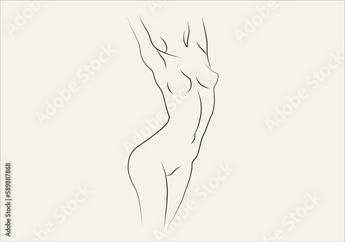 Silhouettes of lovely lady. Beautiful girl stand in different pose. The figures of women are nude, feminine and slender. Vector illustration.