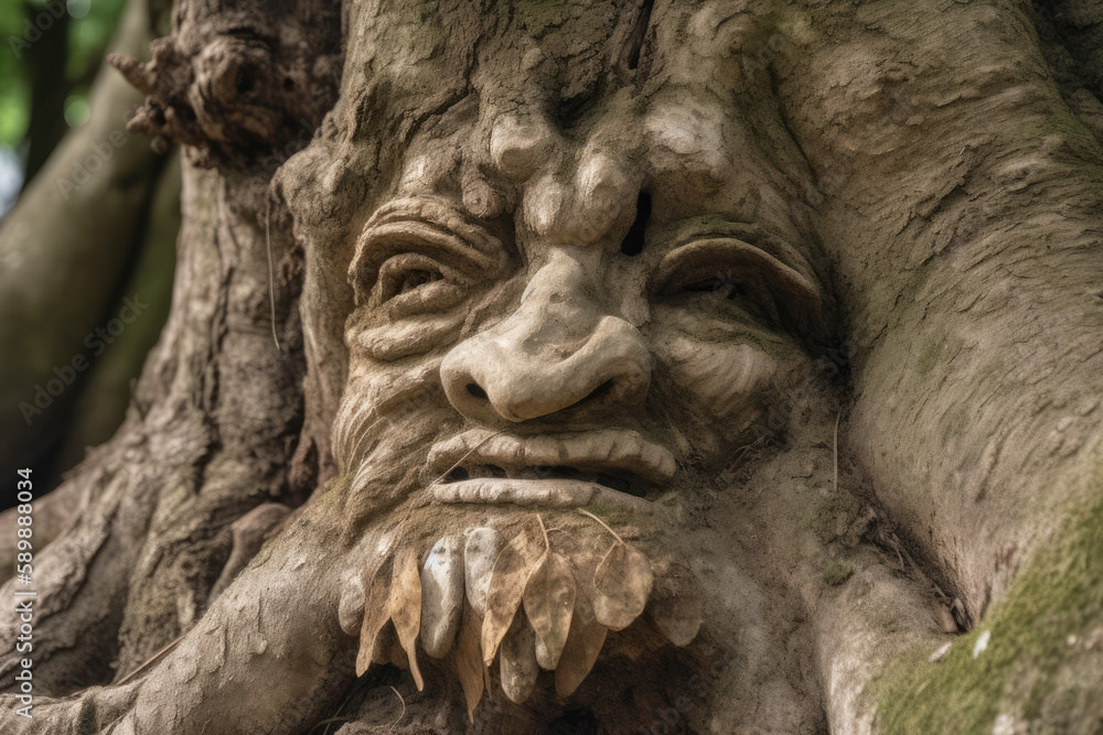 Face detail of ancient tree creature with roots and leaves growing from head