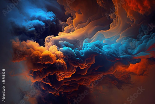 Blue and Orange Smoke Clouds on Black Background generative ai
