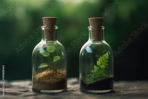 Two glass bottles with green ecosystem inside for research and study