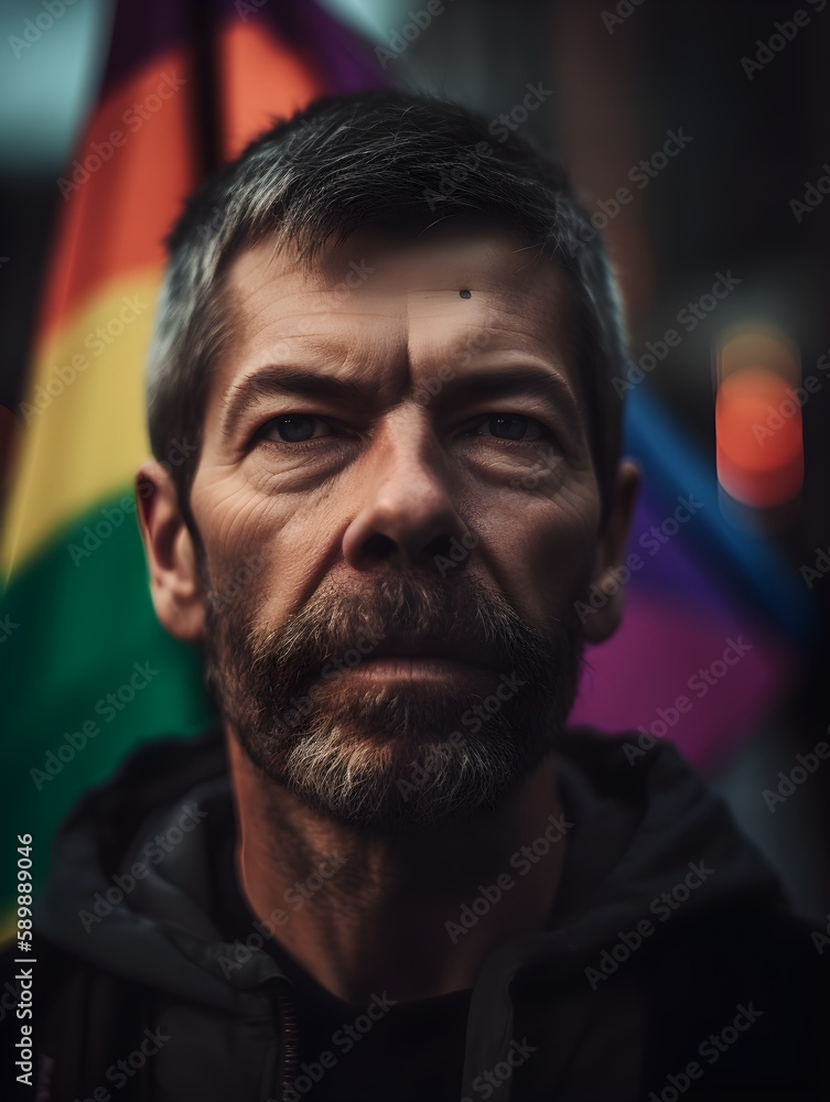 Mature man stands confidently in front of a rainbow flag, a symbol of LGBT pride and acceptance, AI-generated Mature man stands confidently in front of a rainbow flag, a symbol of LGBT pride and acceptance, AI-generated