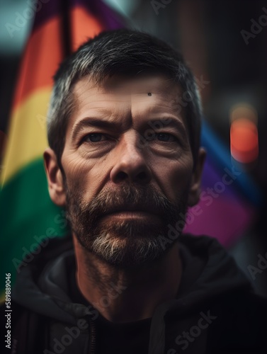 Mature man stands confidently in front of a rainbow flag, a symbol of LGBT pride and acceptance, AI-generated
