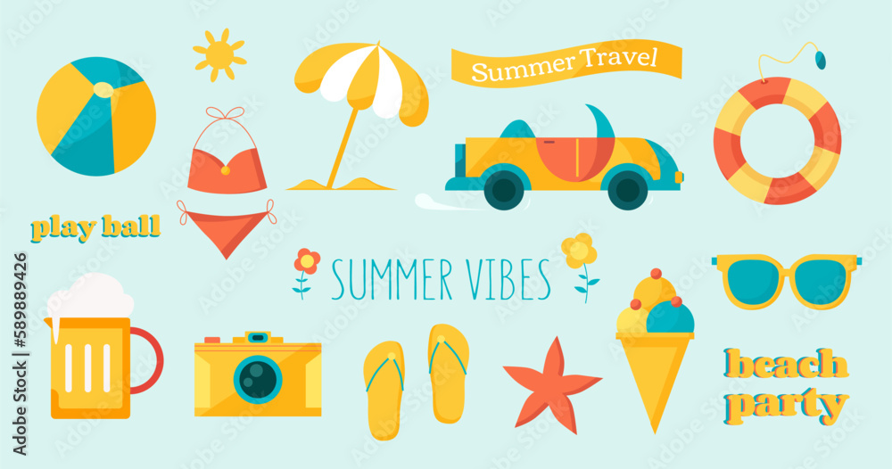 Fototapeta premium Vector collection of summer objects in a flat style, cute summer stickers, seasonal illustrations.