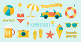 Vector collection of summer objects in a flat style, cute summer stickers, seasonal illustrations.