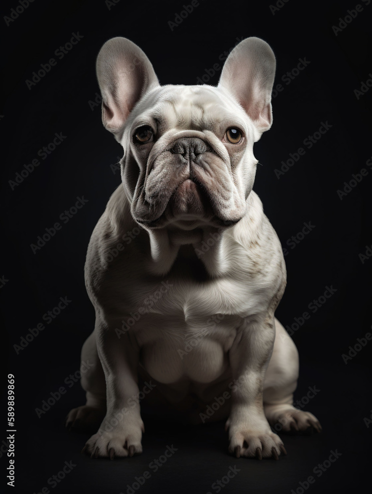 White french bulldog portrait on black background, Generative AI