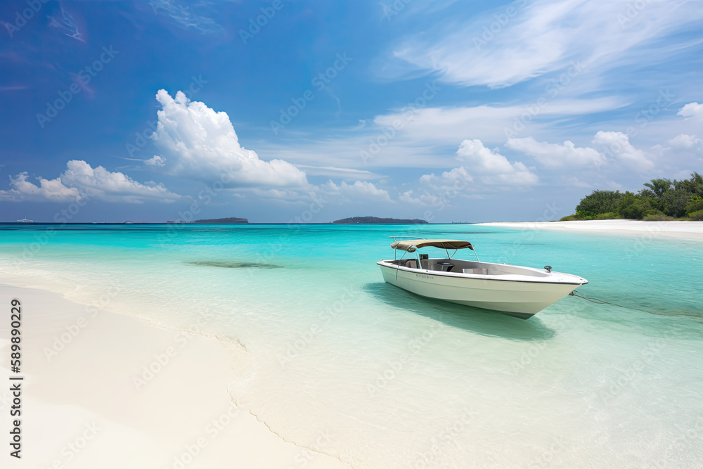 view of Beautiful beach on the Maldives' exotic island, generative AI