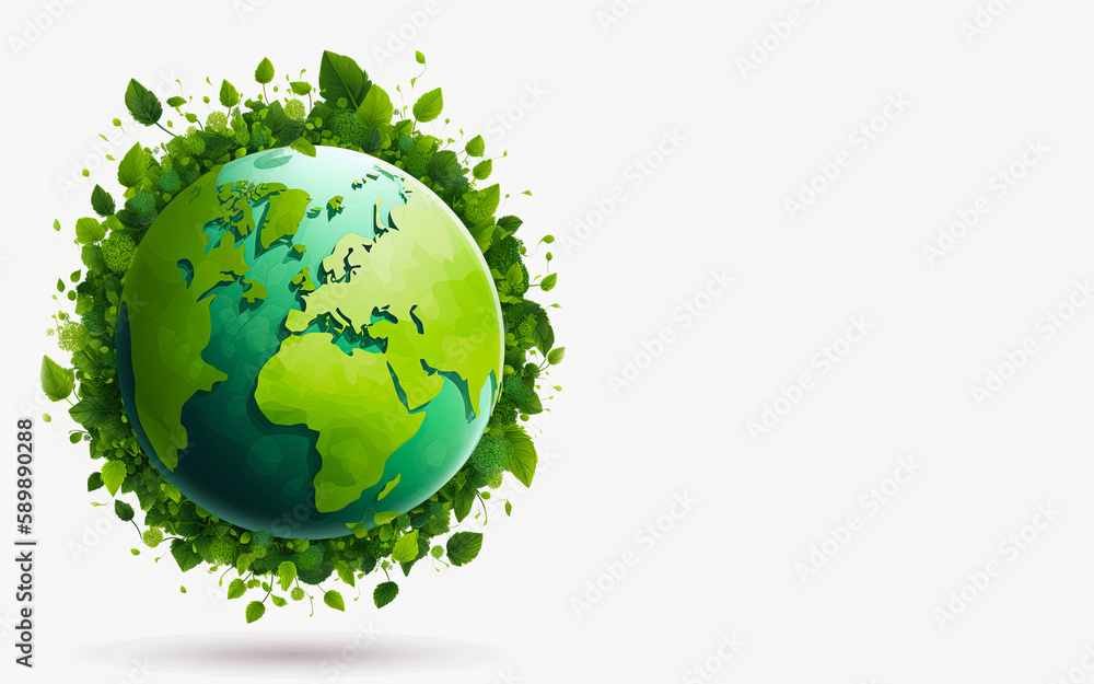 Green planet earth covered in plants and trees with empty white space for text or logo. Ecology, renewable energy, pollution concept. Generative Ai illustration