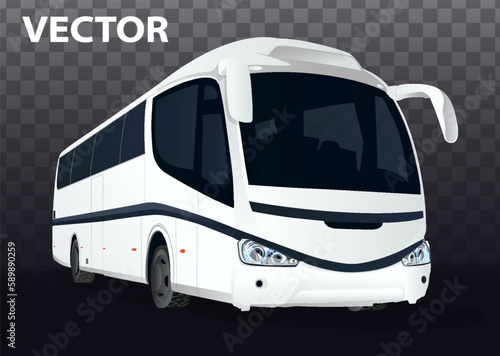 Vector realistic illustration of white passenger bus in perspective view, isolated on background