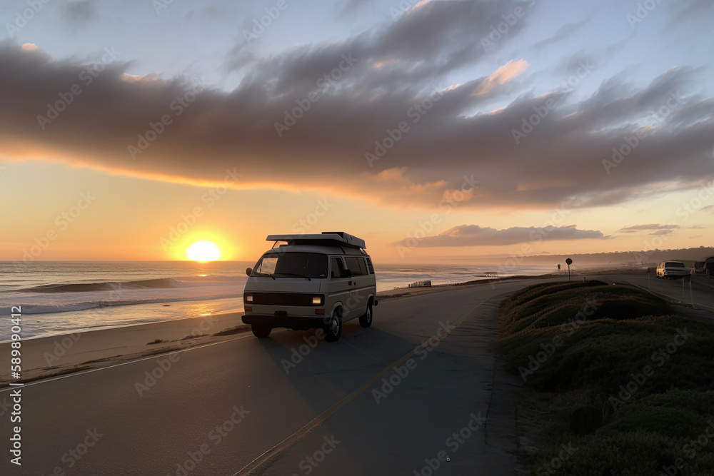 Summer trip along the ocean coast in a classic minivan. Generative ai.