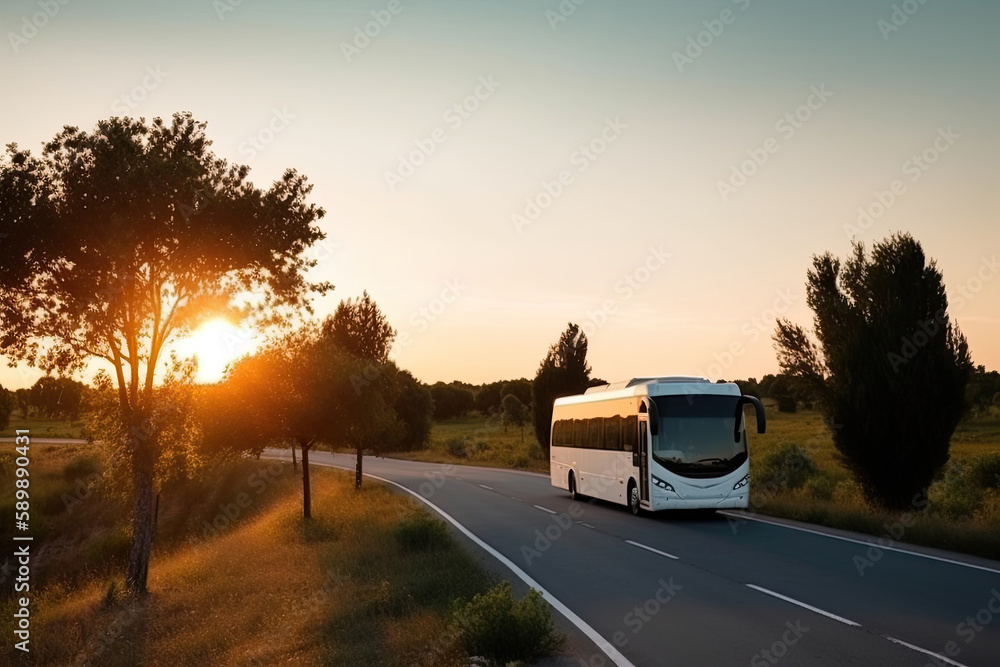 A white bus drives along a suburban road against the backdrop of a summer sunset. Generative ai.