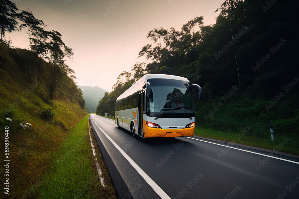 Transportation travel, passenger bus rides on the road. Generative ai.