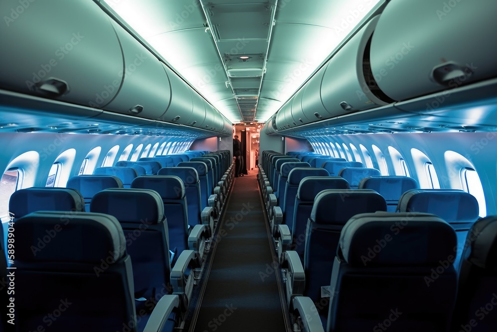 Airplane interior with empty seats. Generative ai. Airplane interior with empty seats. Generative ai.