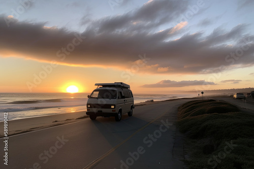 Summer trip along the ocean coast in a classic minivan. Generative ai. © Iryna