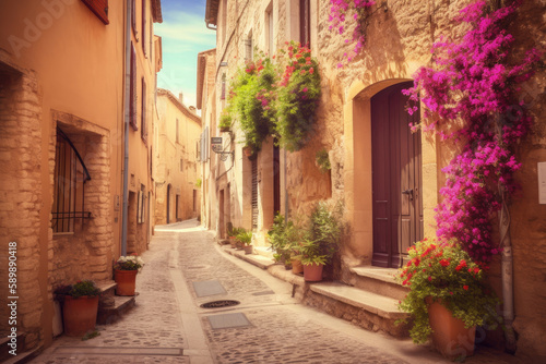 Street of the ancient city with many flowering plants. Generative ai. © Iryna
