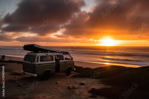 Beautiful sunset near the ocean while traveling in a minivan. Generative ai.