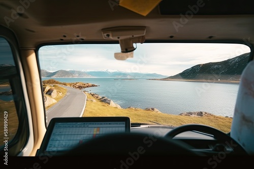 Summer travel in a car, view of the sea coast from the inside. Generative ai.