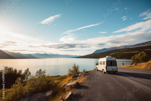 White multivan on the shore of a beautiful lake with mountains. Generative ai. photo