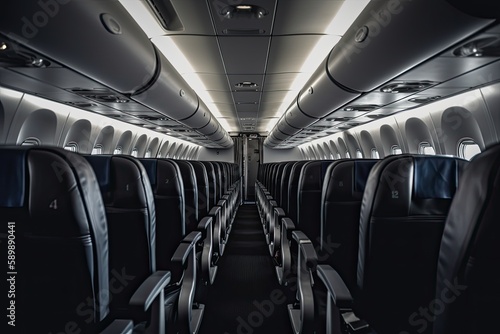 Empty seats in the interior of the aircraft. Generative ai.