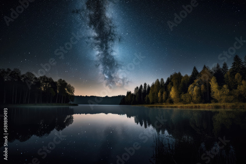 Lake surrounded by a forest under a starry night sky created with AI