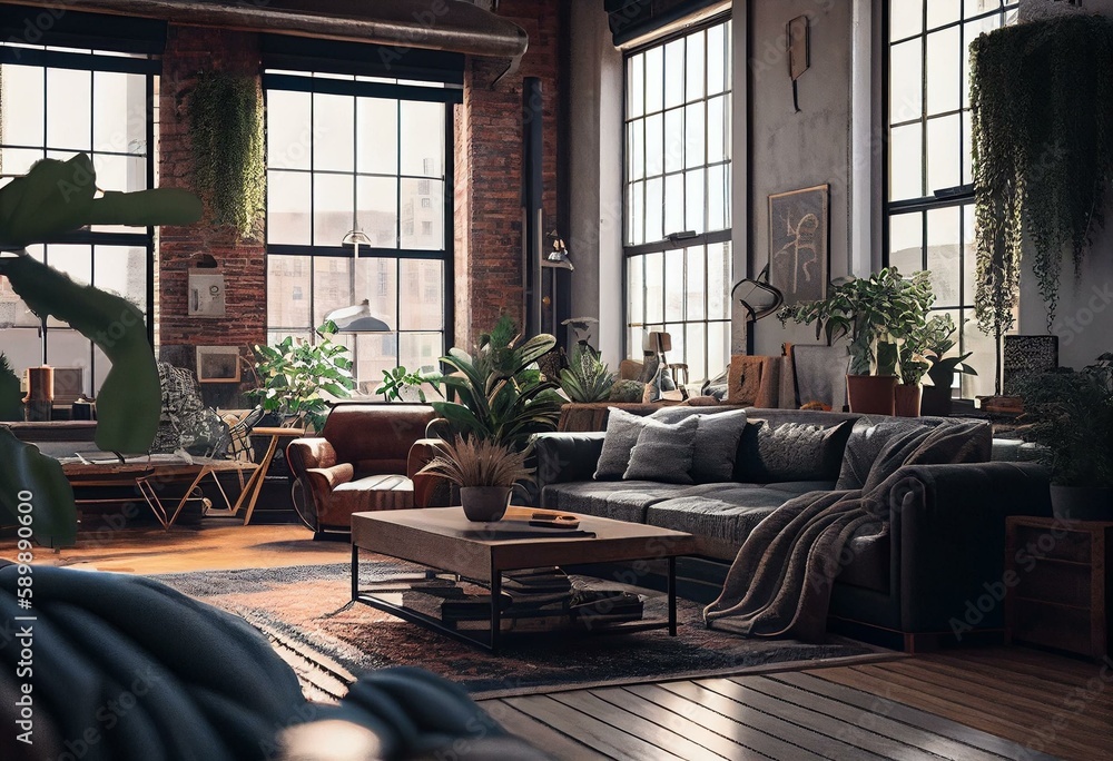 Urban loft living room with industrial decor. Generative AI