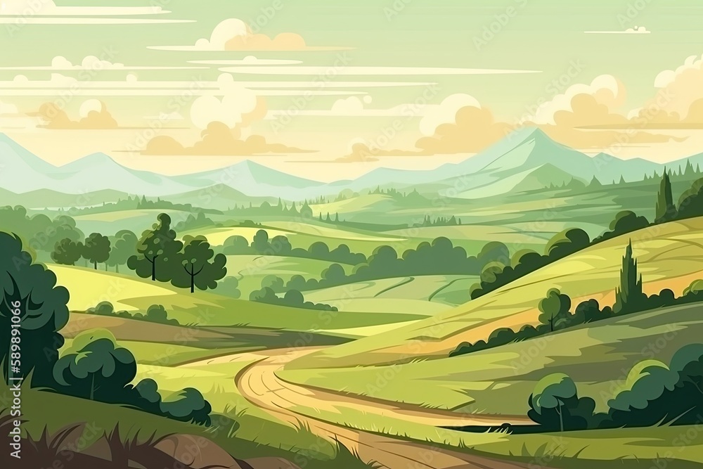 scenic landscape with rolling hills and lush trees. Generative AI