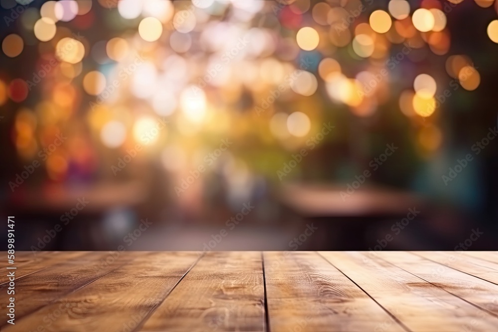 wooden table top with bokeh lights in the background. Generative AI