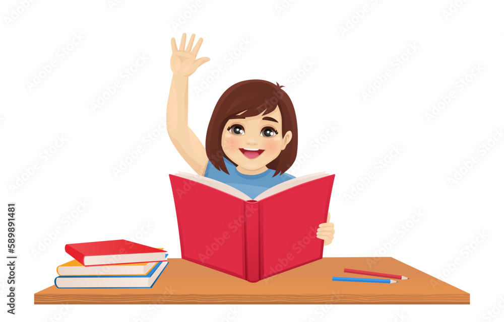 Happy cute school girl reading holding open book at the desk isolated vector illustration Happy cute school girl reading holding open book at the desk isolated vector illustration