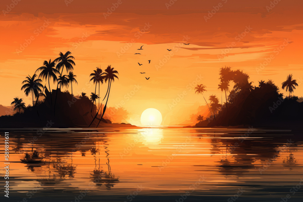 Tropical paradise with palm trees during sunset created with AI