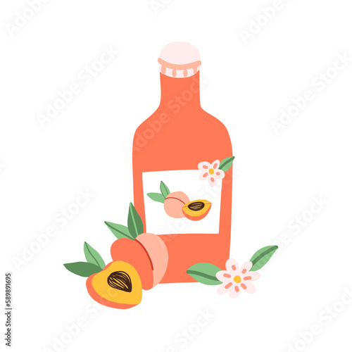 Peach lemonade, juice or soda glass bottle, fresh peach fruit with blooming flowers nearby. Homemade organic beverage