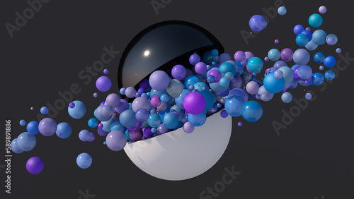 Black and white hemispheres. Blue, purple balls flying. Abstract illustration, 3d render.