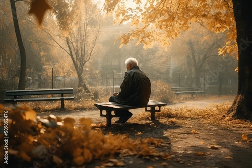 elderly people on autumn park bench