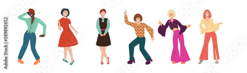 Set of people from 80s. Man and woman dance disco in retro-styled fashion outfits of 1980s. Stylish characters in party clothes of eighties. Flat vector illustration isolated on white background