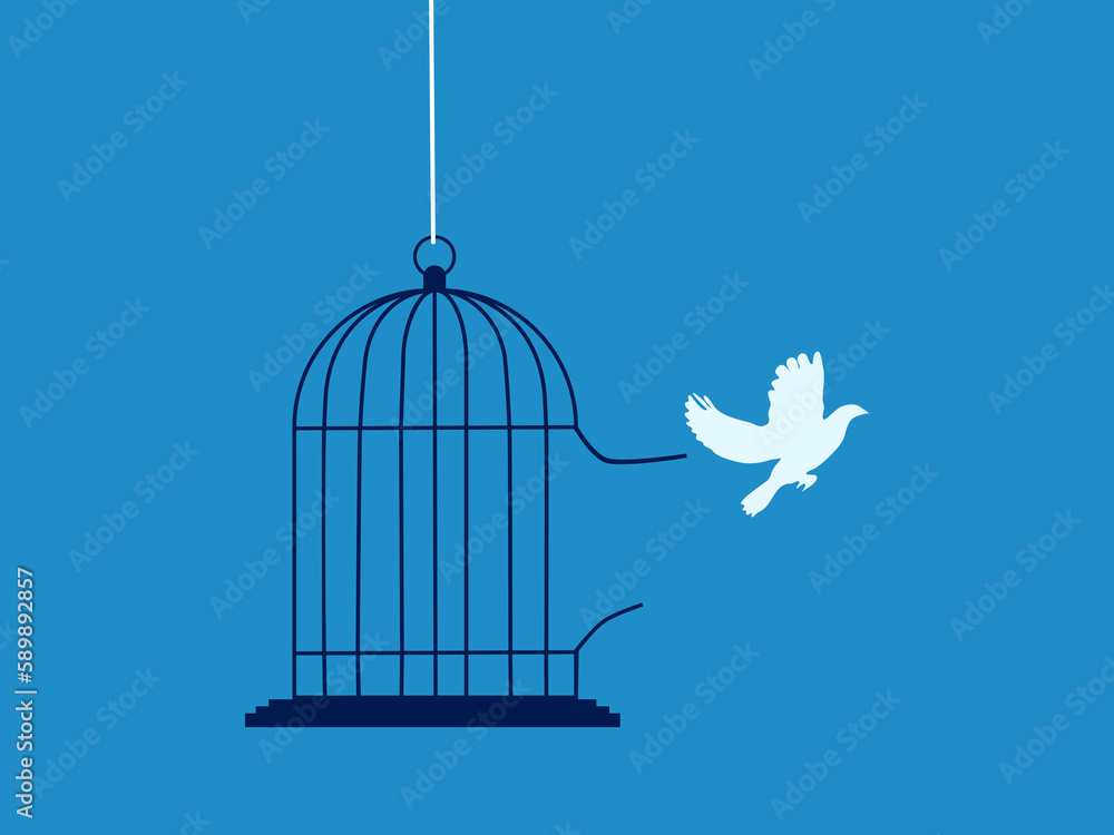 white bird escaped from the cage. Concept of freedom and getting out of comfort zone. vector illustration - obrazy, fototapety, plakaty 