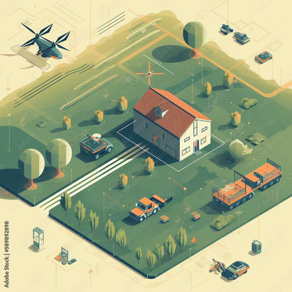 Drone Crop Scanning: A clean flat-style illustration of a drone flying over a crop field, scanning and analyzing crops for pests and diseases. Generative AI. Drone Crop Scanning: A clean flat-style illustration of a drone flying over a crop field, scanning and analyzing crops for pests and diseases. Generative AI.
