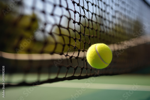 Tennis ball flying over court net created with AI © thejokercze