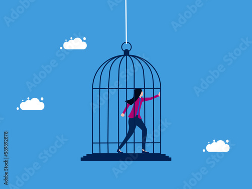 woman in a birdcage. Imprisonment or lack of freedom. comfort zone. business concept vector